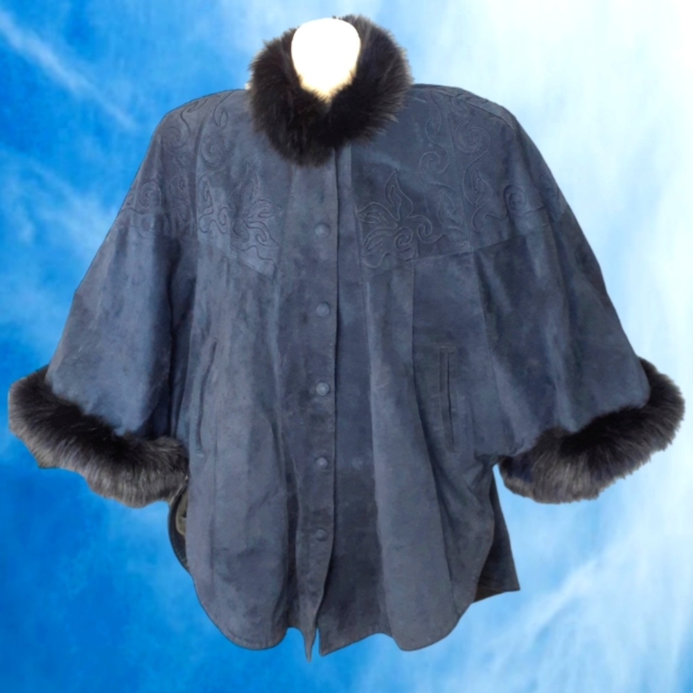 Vintage VITA PARIS Blue Black Suede Leather Convertible Cape Poncho Fox Fur Trim